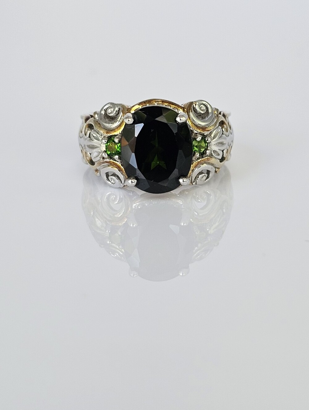 Rare Green Tourmaline & Tsavorite Garnet Ring Palladium Sterling Silver 18k Sz 6